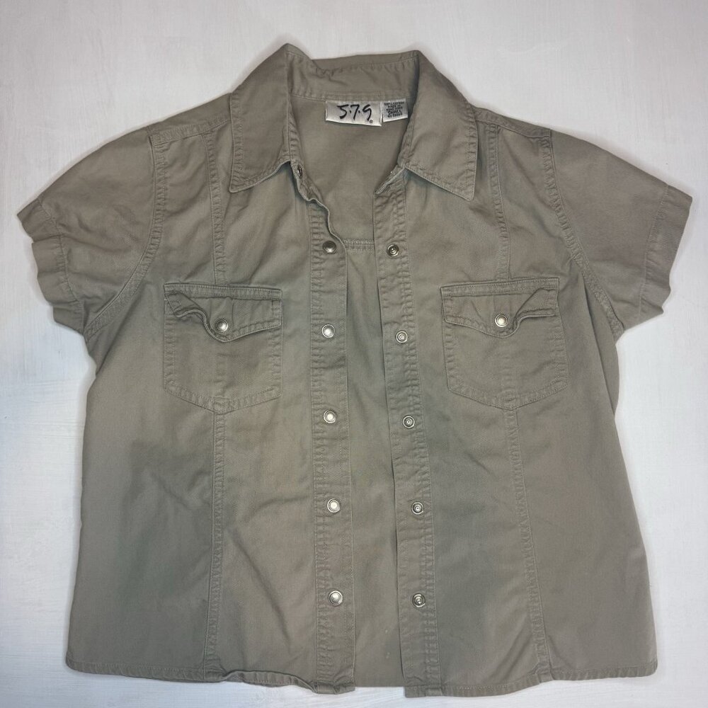 Vintage 579 5-7-9 Shirt Short Sleeve Top Junior's Small Tan‎ Military Tacticle